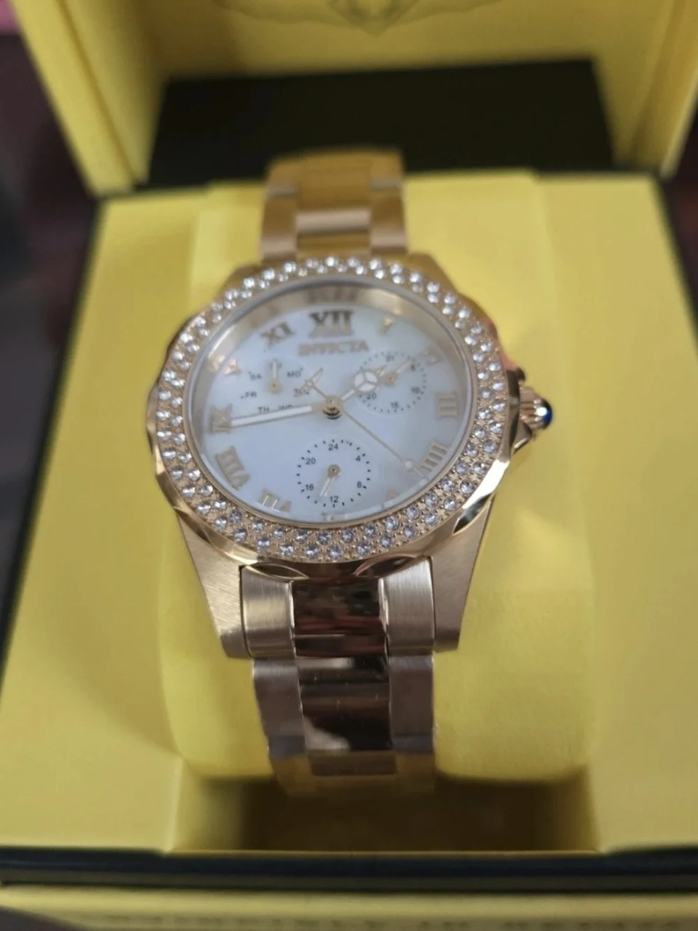 28438 Invicta Angel AustrianCrystal Bezel Watch Mother of Pearl Dial Womens 38mm